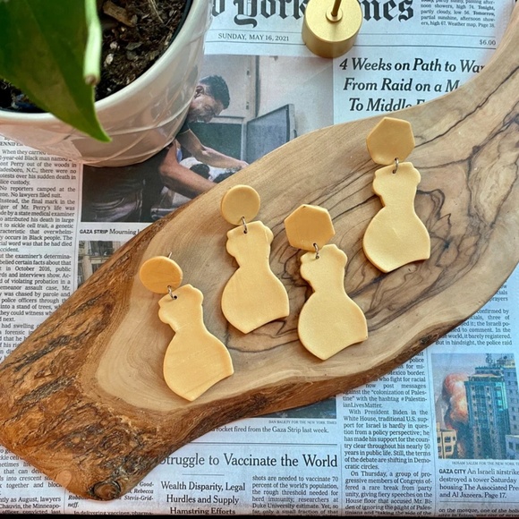 Handmade Clay Earrings | Forms of a Woman Silhouette | Yellow w/ Hexagon Stud - Picture 3 of 7